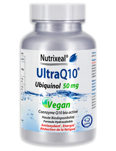 UltraQ10 Vegan Ubiquinol 50 mg Nutrixeal : contient de l'ubiquinol hydrosoluble, forme biologiquement active, formule vegan.