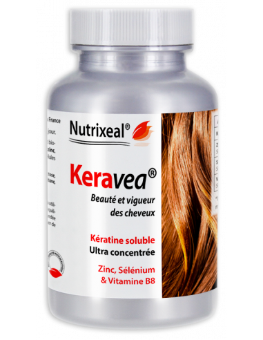 Complexe à base de kératine, zinc, sélénium et vitamine B8 : renfort des cheveux, de la peau et des ongles.