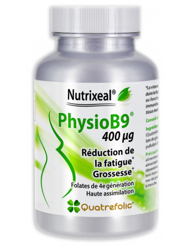 Vitamine B9 (Quatrefolic® : 5 méthyl tétrahydrofolate de glucosamine) : 400 µg par gélule végétale.