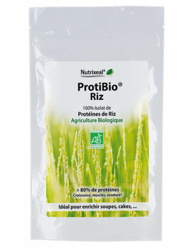 ProtiBio Riz Nutrixeal : 100% pur isolat de protéines de riz BIO, plus de 80% de protéines. Sans excipient.