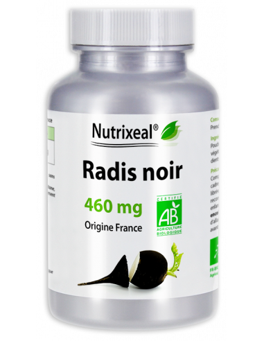 Nutrixeal : radis noir, origine France, 460 mg par gélule végétale, sans excipient.