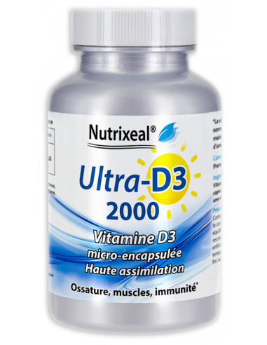 UltraD3 2000 Nutrixeal : vitamine D3 naturelle, 2000 UI soit 50 µg par comprimé, soit 1000% des AR en vitamine D.