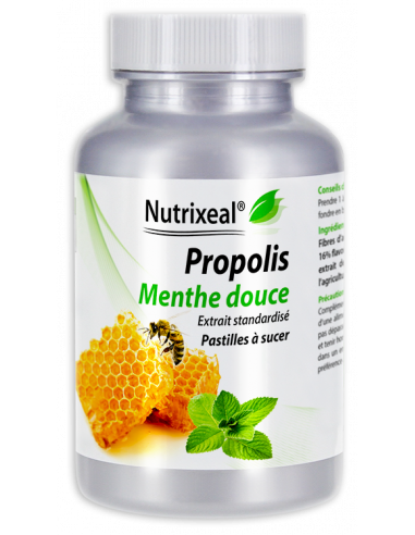 Nutrixeal : propolis associée à de la menthe douce, extraits standardisés, pastilles à sucer.