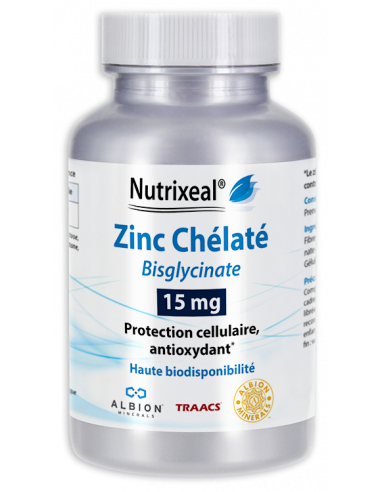 Nutrixeal : zinc chélaté (bisglycinate), haute biodisponibilité, 15 mg de zinc élémentaire par gélule.