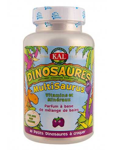Dinosaures multisaurus multi-vitamines et minéraux - Kal - 60 comprimés petits dinosaures à croquer.