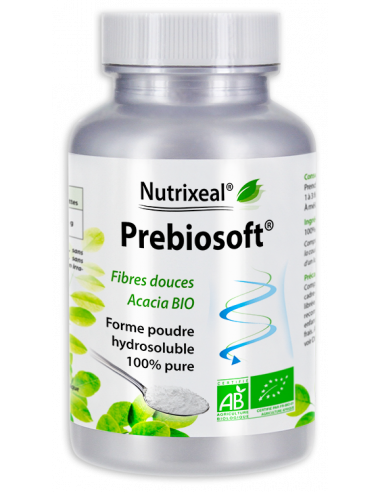 Prebiosoft Nutrixeal : fibres douces de gomme d'acacia BIO en poudre hydrosoluble.