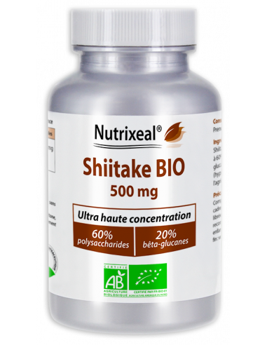 Shiitake BIO Nutrixeal : standardisé à 60% de polysaccharides et 20% de bêta-glucanes.