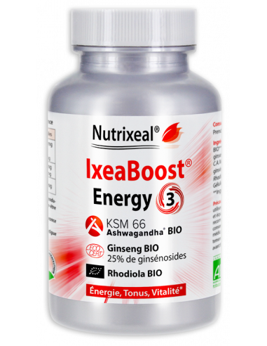 IxeaBoost Energy 3 Nutrixeal : Ashwagandha KSM-66 BIO*, Ginseng BIO* et Rhodiola BIO*